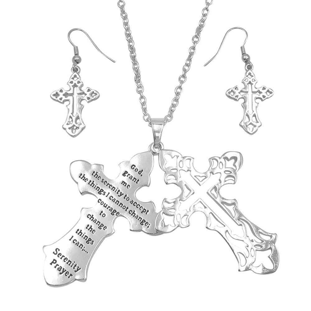 Serenity Prayer Long Silver Tone Filigree Cross Necklace Earrings Set